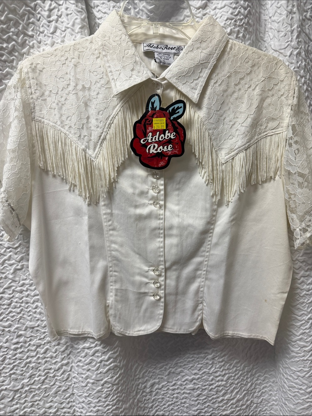 Vtg 90s Adobe Rose NWT White Western Fringe Lace Shirt XL Cowgirl Coquette